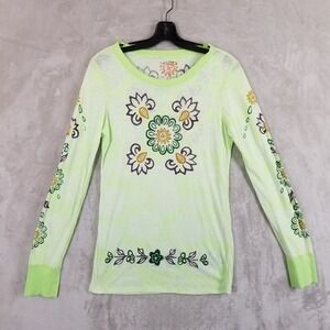 Free People Top Women L Green Burnout Floral Printed Lounge Long Sleeve Boho Tee